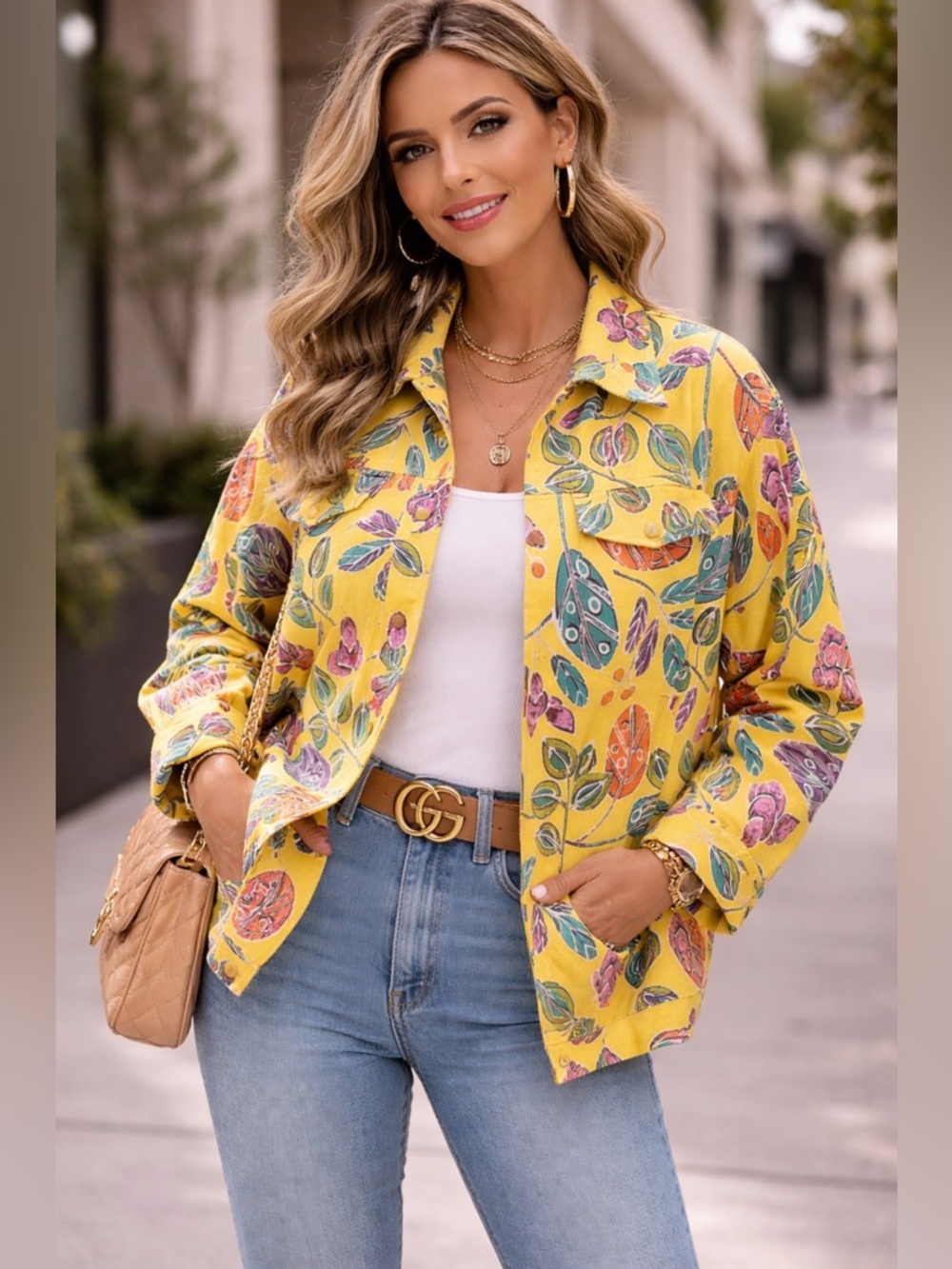REDD VintageVibrant Yellow Floral Cotton Jean Jacket Aloha Cruise Vacation Style